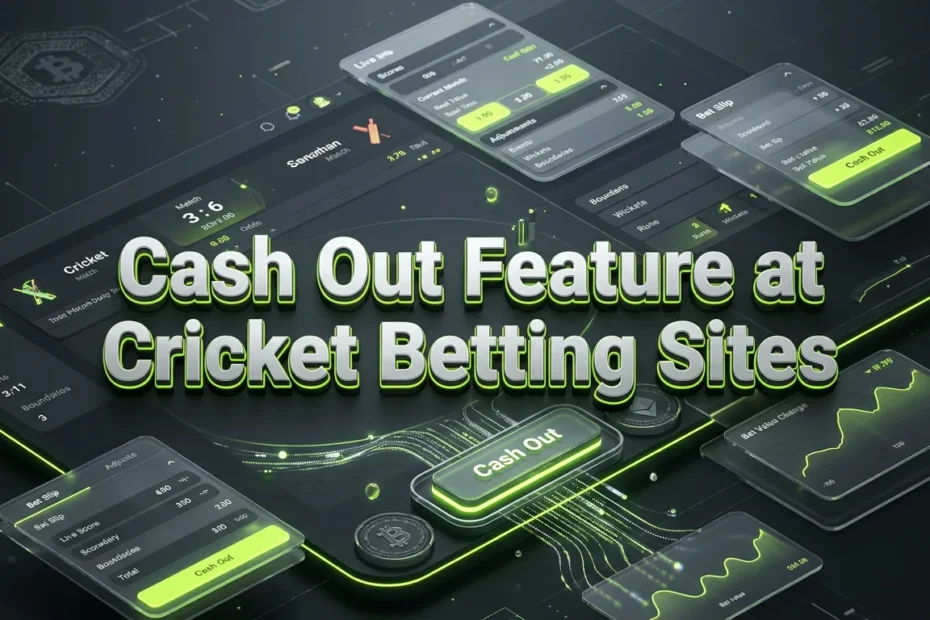 High-tech digital dashboard showcasing a 'Cash Out Feature at Cricket Betting Sites' with real-time cricket scores and bet ad