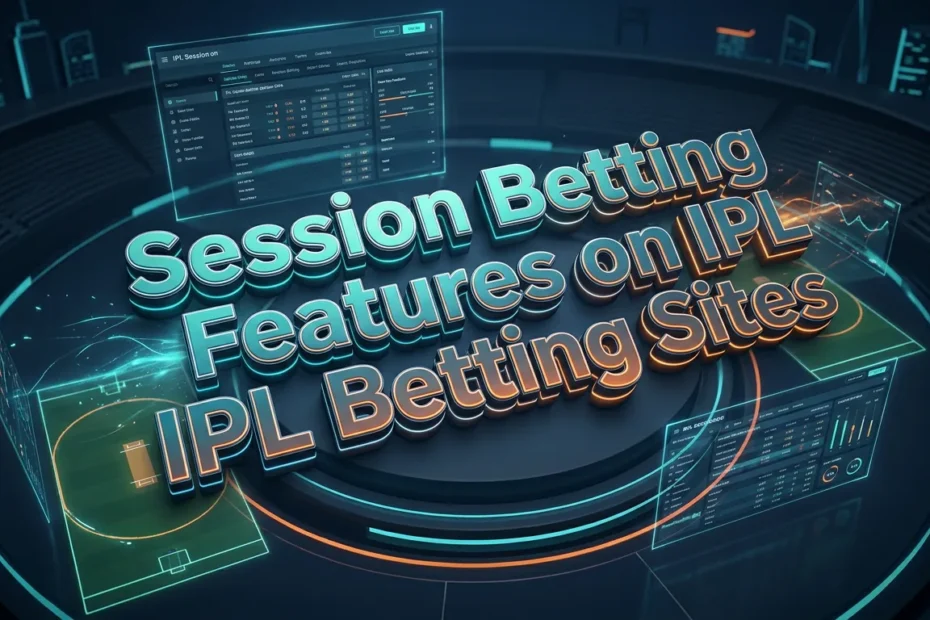 IPLBettingGuide session betting features showing real-time data and cricket stadium in a futuristic setting.