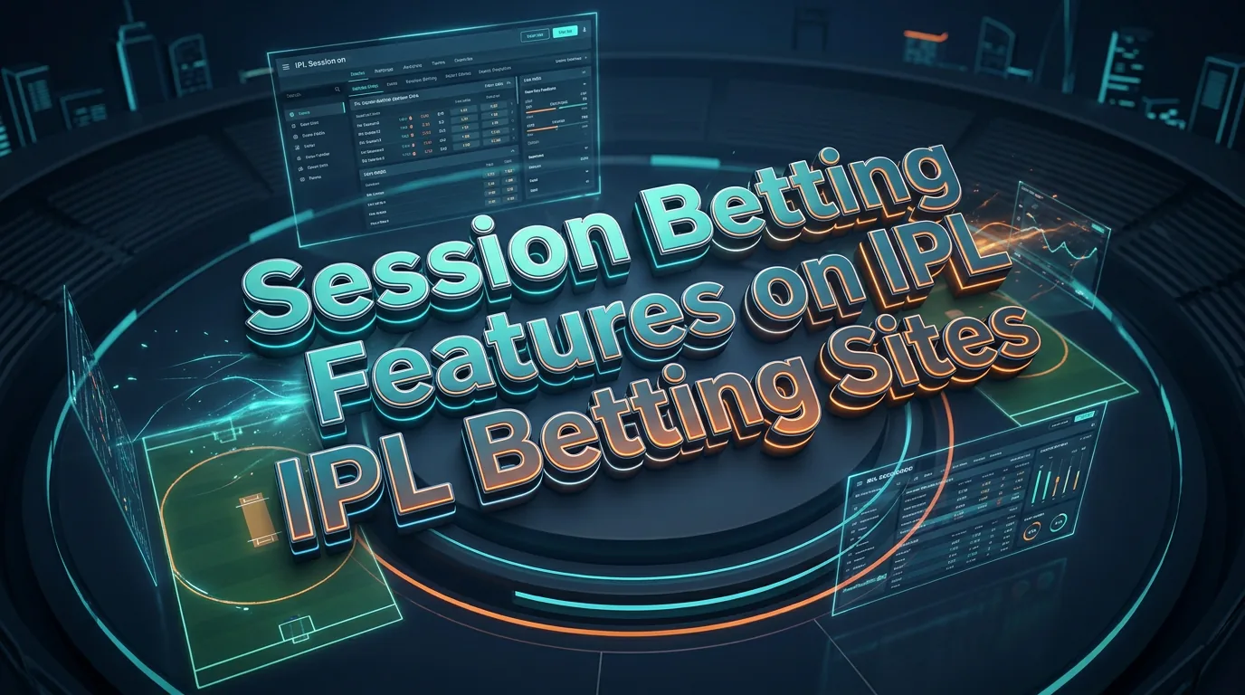 IPLBettingGuide session betting features showing real-time data and cricket stadium in a futuristic setting.
